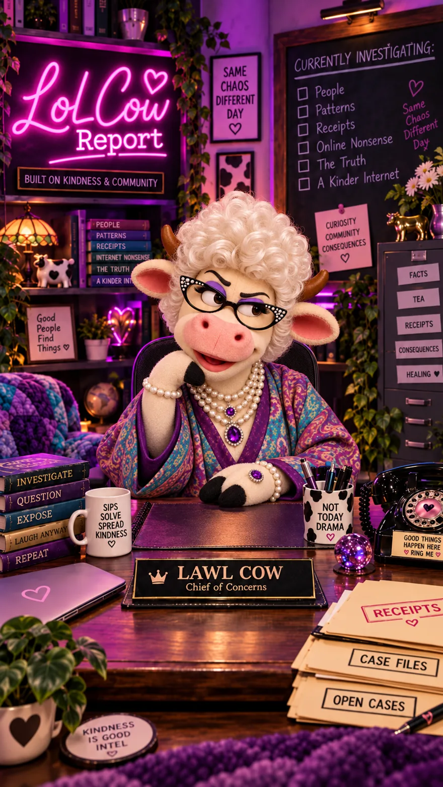 Lawl Cow, a cow puppet news anchor, seated at the LolCow Report desk under a neon sign