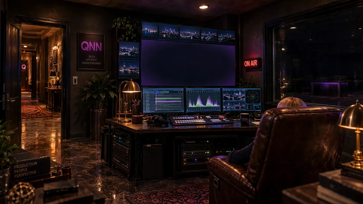 The Quilted Network studio on standby, glowing softly before a show