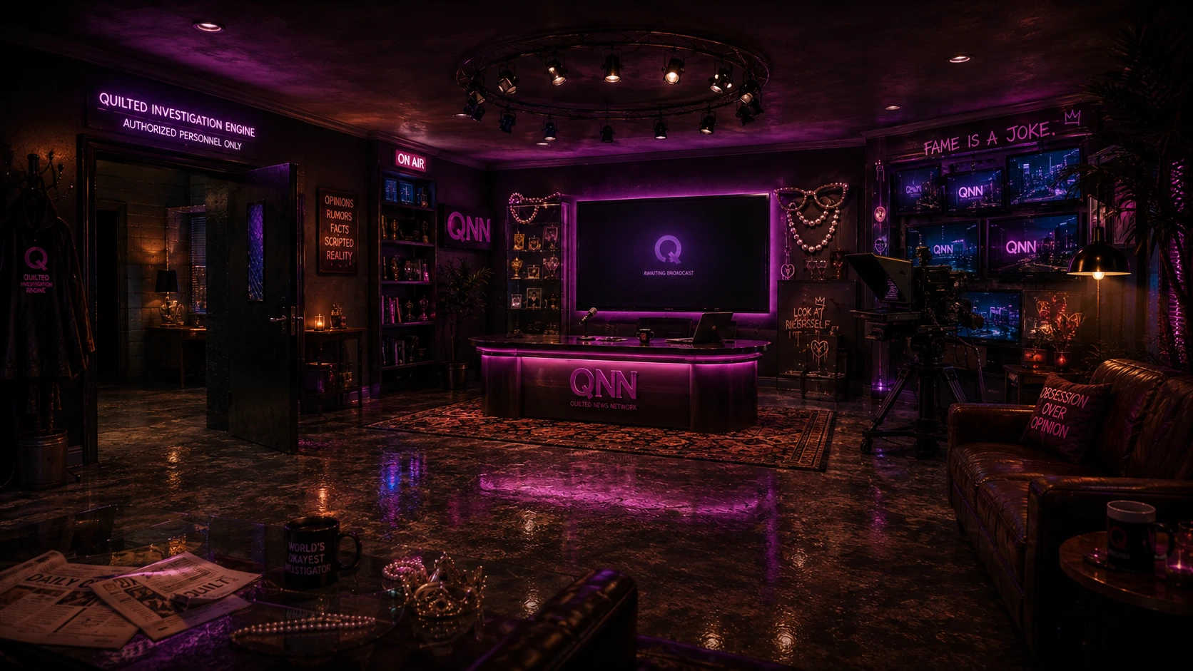 The QNN studio desk, lit and awaiting broadcast