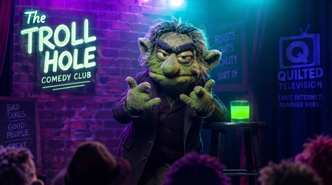 The host of The Troll Hole Comedy Club on stage